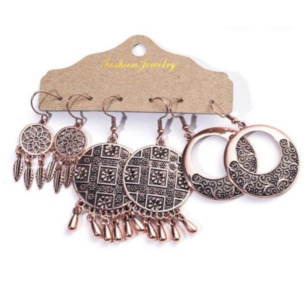 Bohemian Tasseled Earrings In Rose Gold Set of 3